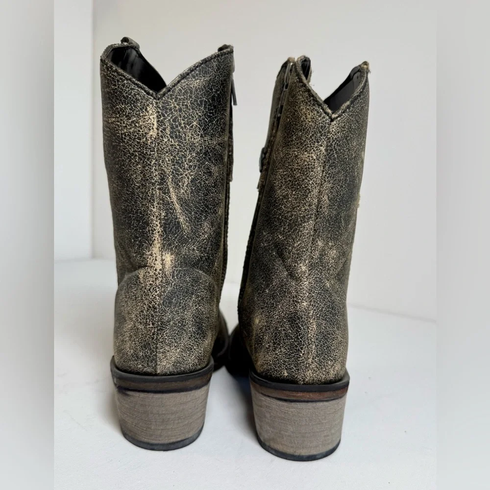 Old West Girl’s Distressed Leather Charcoal Cross Stitch Cowgirl Boots Size 2.5